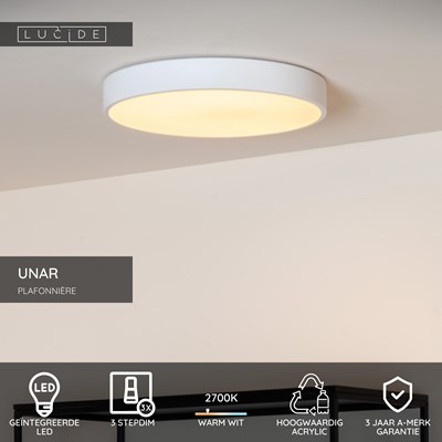 Lucide UNAR - Plafonnière - Ø 30 cm - LED 3 StepDim - 1x18W 2700K - Wit